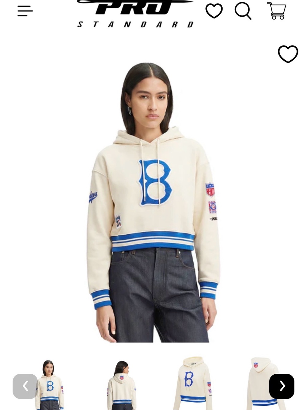 NWOT | Women's Cream Cropped Dodgers Hoodie with Vintage Blue 'B' Logo